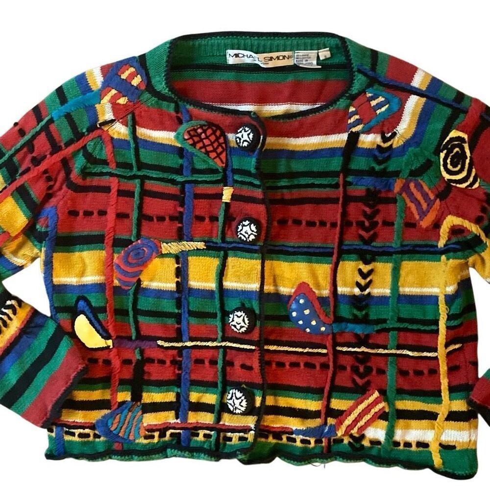 Vintage Michael Simon Embroidered Abstract Holiday Cardigan Sweater S 1994 Y2K - Picture 5 of 6